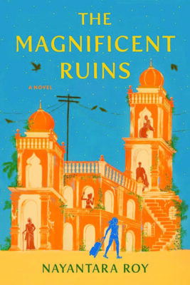 A book cover with a bright blue sky and a striking orange building.