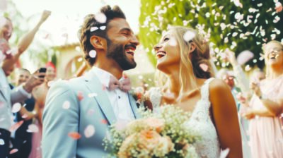 Happy bride at wedding ceremony and people sprinkling flower petals