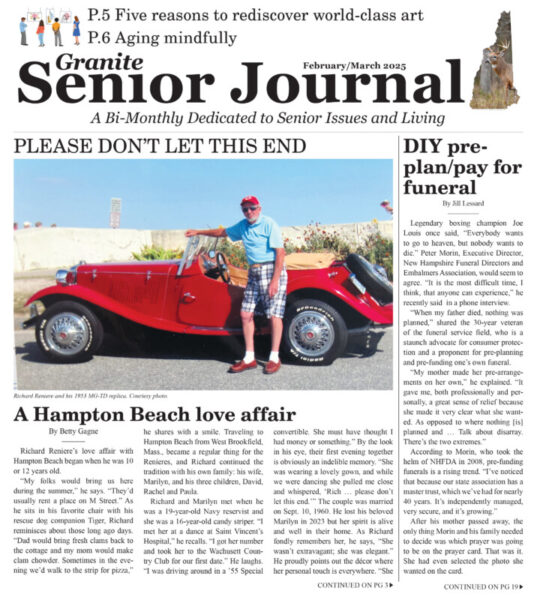 frontpage of Granite Senior Journal with feature articles and photo of elderly man standing in front of red antique car in beach parking lot