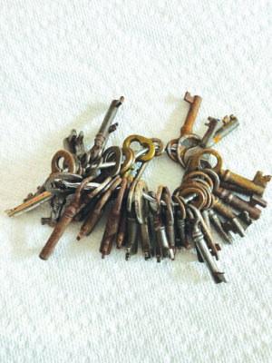 A large collection of rusty old keys on a paper towel.