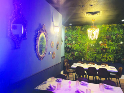 A colorful and well-decorated dining room