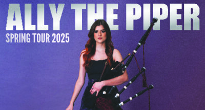 web banner showing young woman with long hair, holding bagpipes under one arm, standing in front of purple background with text "Ally the Piper Spring Tour 2025" above and behind her head