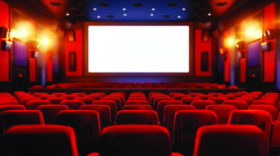 Empty red seats in cinema with blank screen.