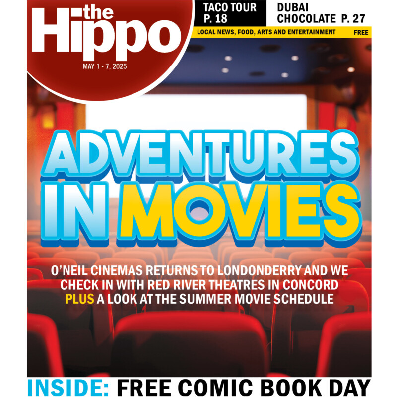 Frontpage of Hippo showing darkened movie theatre with words in large sans serif font Adventures in Movies