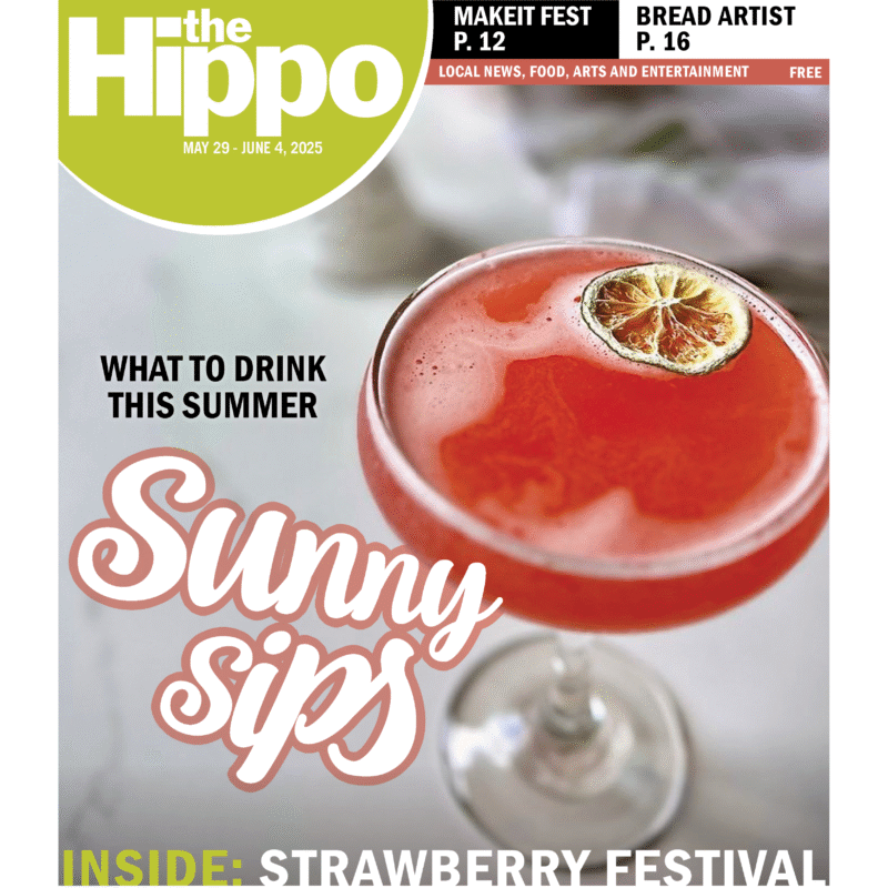 A Hippo cover showing a pretty red drink decorated with a slice of lime.