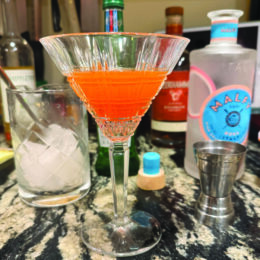 martini glass on counter filled with orange colored cocktail, surrounded by ingredients