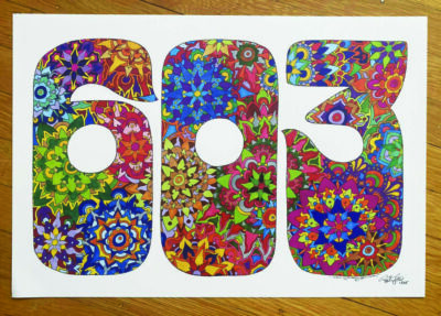 image of printed artwork of colorful and intricate flower like mandalas within the numbers 603