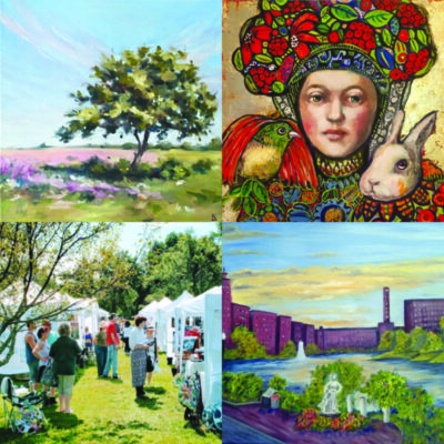 collage of 4 images in grid, three are paintings, one is image of people browsing rows of art fair tents