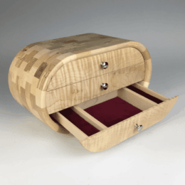 hand made, wooden inlaid jewelry box with three drawers