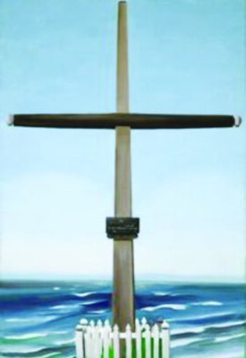 a painting of a wooden cross enclosed by a small fence, blue sky and ocean behind, fine art painting with symmetry and stark atmosphere