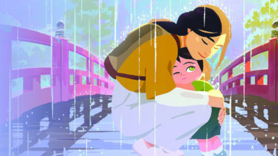 scene from animated movie showing woman hugging young girl on bridge in the rain - bright colors, 2D animation