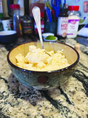 bowl filled with rice pudding on counter