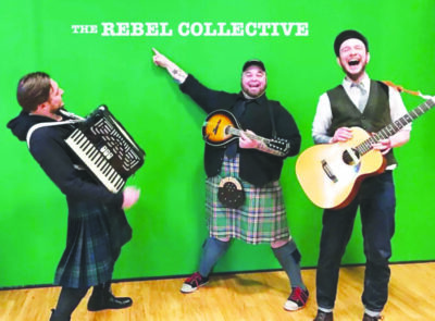 three men holding instruments, one man in a kilt, standing in front of green wall under the words "The Rebel Collective"
