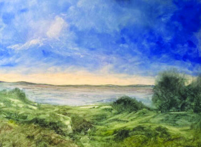 painting of landscape of green field with body of water in the background, cloudy sky above
