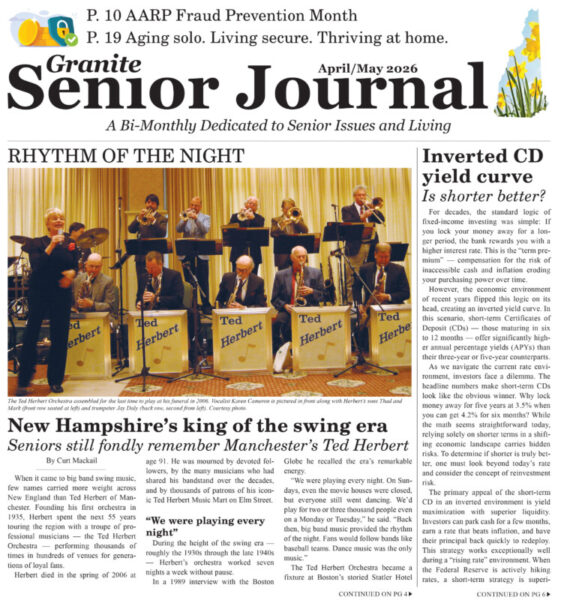 front page of Granite Senior Journal with featured cover stories about Ted Herbert Music School and Inverted CD yield curves