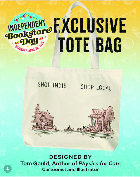 promo image of tote bag with illustration of man rowing from house across lake to bookstore - with Indie bookstore day logo and words Exclusive Tote Bag across the top