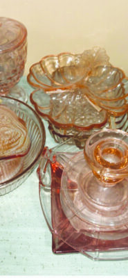 tall photo showing set of depression era glass plates