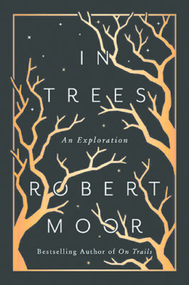 book cover for In Trees by Robert Moor with dark background and illustrated tree branches weaving through the words
