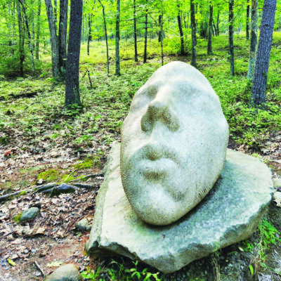 A human head made of stone in the woods