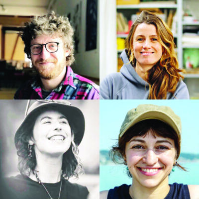 collage of four portraits in a four square, one man and three women