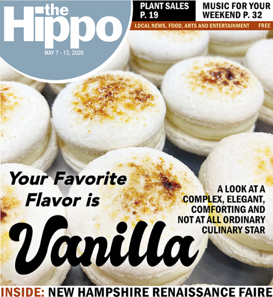frontpage of Hippo showing rows of white macarons with glazed sugar on top - Title: Your Favorite Flavor is Vanilla