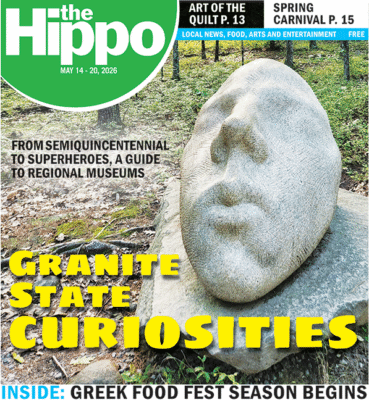 Front cover of Hippo showing large stone sculpture shaped like head, outside in woodsy area, text across bottom Granite State Curiosities