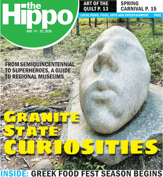 Front cover of Hippo showing large stone sculpture shaped like head, outside in woodsy area, text across bottom Granite State Curiosities