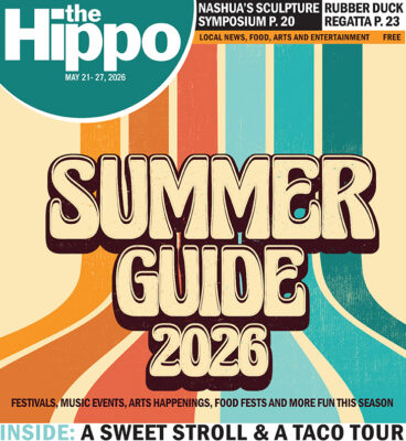 frontpage of Hippo showing retro style image of colored vertical stripes and words in bubble letters, Summer Guide 2026