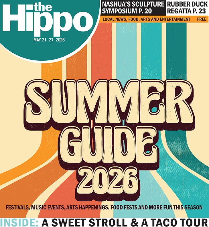 frontpage of Hippo showing retro style image of colored vertical stripes and words in bubble letters, Summer Guide 2026