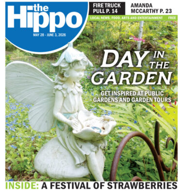 front page of Hippo featuring a garden sculpture of a young fairy sitting on a rock, holding a petal shaped bowl on her lap, placed in a green area with short blue flowers