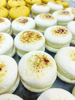 rows of white and tan macarons with burned sugar on top