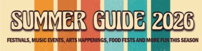 retro style banner with colored vertical stripes on light background, words in bubbly font Summer Guide 2026
