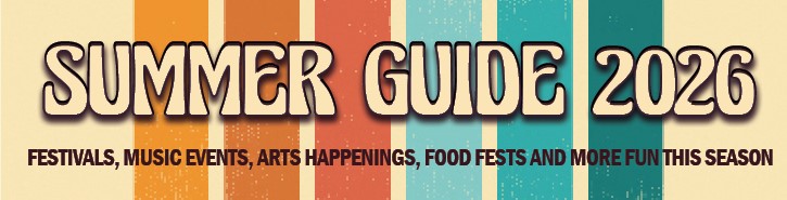 retro style banner with colored vertical stripes on light background, words in bubbly font Summer Guide 2026
