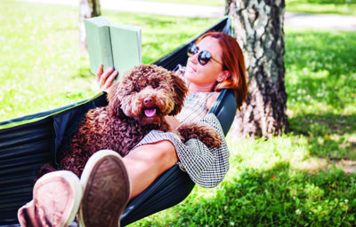 Woman reading book relaxing in hammock with her fluffy brown Maltipoo dog on sunny day. Both looking content and happy. This outdoor scene captures joy of bonding with pets and enjoying togetherness
