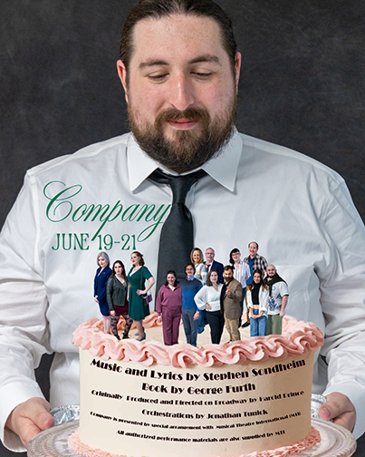 promo poster for adaptation of Company showing man holding birthday cake topped with the figures of other cast members