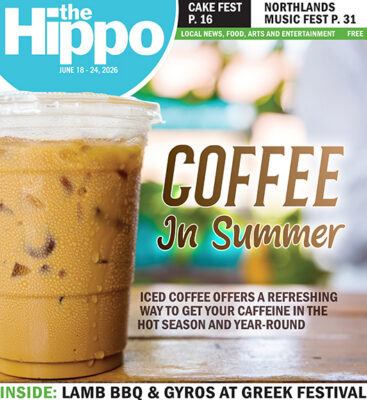 frontpage of Hippo showing plastic take out cup filled with ice and light coffee, title Coffee in summer