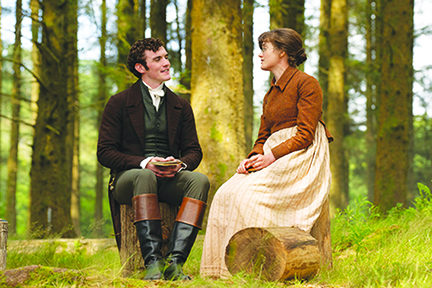 screenshot from The Other Bennet Sister showing scene with two actors sitting on logs in the woods