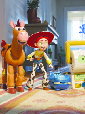 scene from computer animated movie Toy Story 5 showing characters of toy cowgirl doll Jessie and her horse looking happy