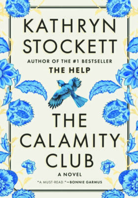 book cover for The Calamity Club showing blue illustrations of plants and a flying bird
