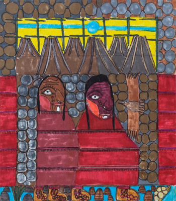 drawing in a flat Outsider Art style showing two figures dressed in red robes on background of abstract circles and mountains under blue sun.