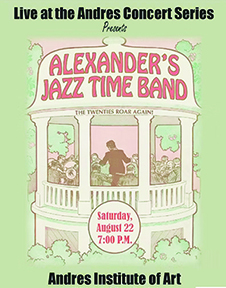 poster illustration of band playing in gazebo on pastel green background