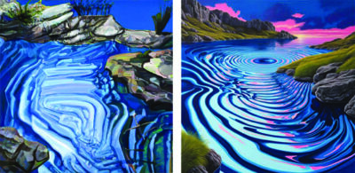 on the left is a semi-abstract painting of a river with a whirlpool and rocks, on the right is the image when run through an AI system which has smoothed out brush strokes and taken away abstraction to look more fantasy realistic