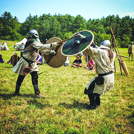 two men dressed as Vikings fighting with swords and shields in grass field