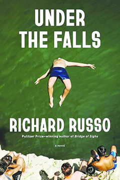 book cover for The Falls by Richard Russo, showing boy jumping backwards off cliff into green water