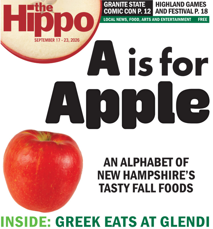 frontpage of the Hippo with large text "A is for Apple" hovering over an apple.