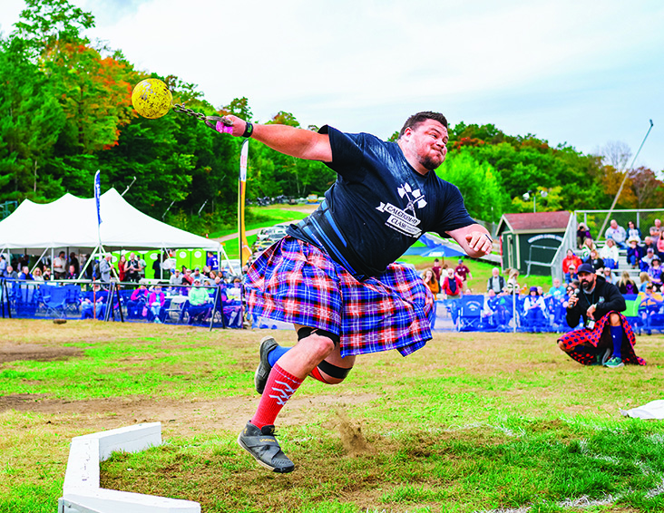 man wearing kilt throwing weight in field games at Scottish festival