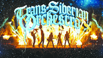 promotional web banner for Transiberian Orchestra showing band members holding insturments and silhouetted on stage in front of fire