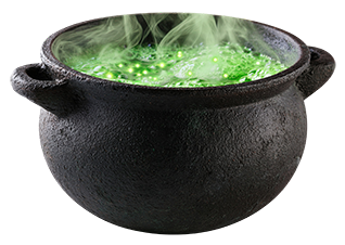 black cauldron filled with bubbling green ooze