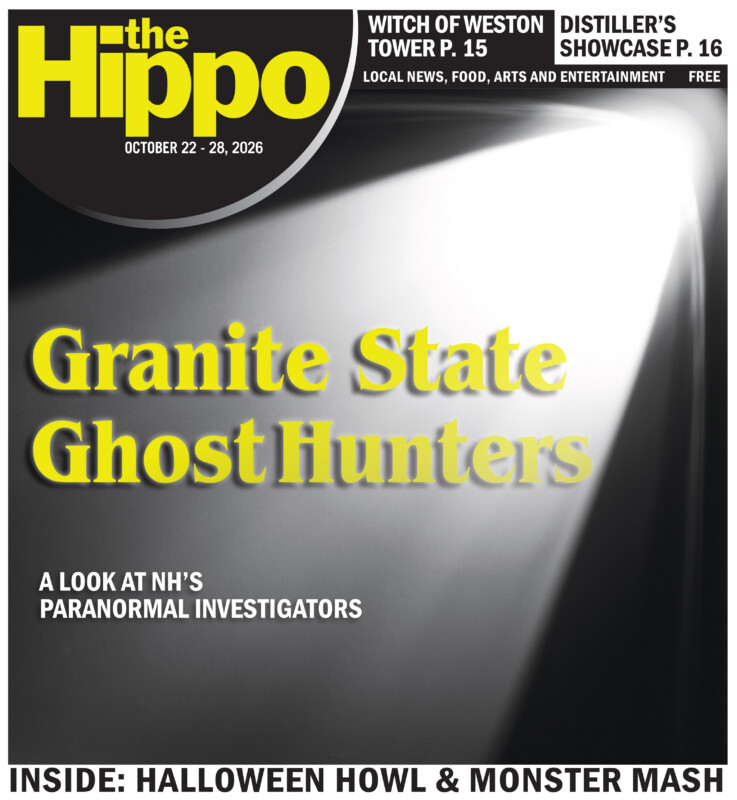 frontpage of Hippo showing beam of light on darkened background, highlighting yellow text Granite State Ghost Hunters